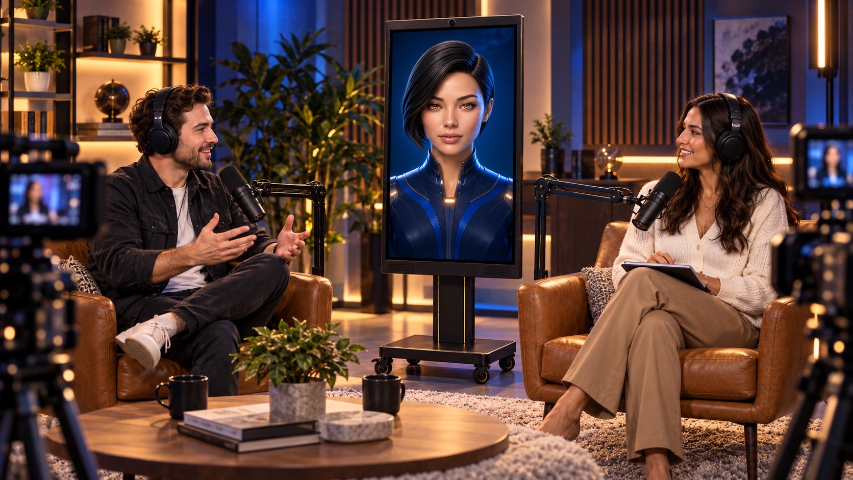 AI concierge kiosk participating in a podcast recording