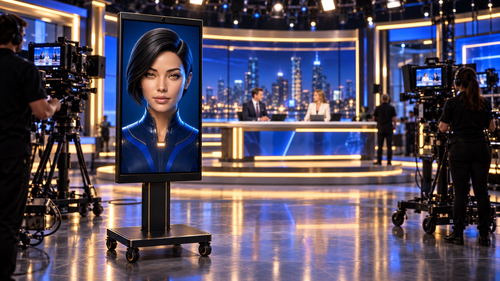 AI concierge kiosk positioned within a modern television studio