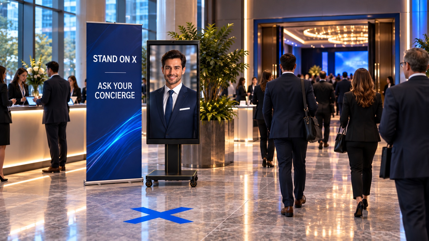 Corporate AI concierge kiosk with a standing marker and banner at a conference entrance