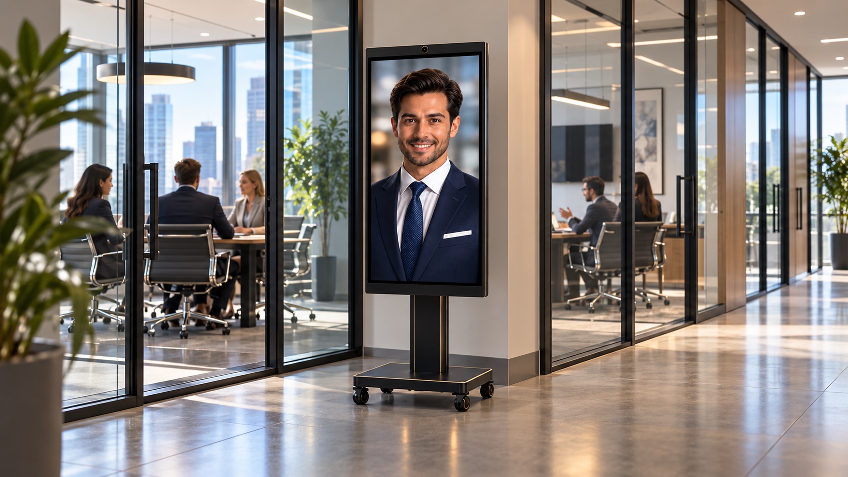 Corporate AI concierge kiosk beside glass meeting rooms