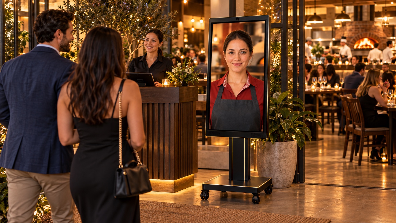 Hospitality AI concierge kiosk greeting guests in a restaurant