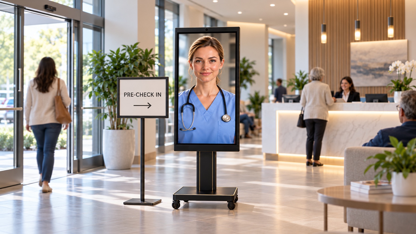 Medical receptionist AI concierge positioned between the entrance and reception desk